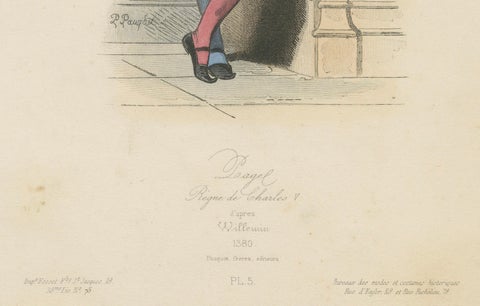 Antique French Costume Print of Medieval Page Boy, Hand-Colored, 19th Century, close-up 1
