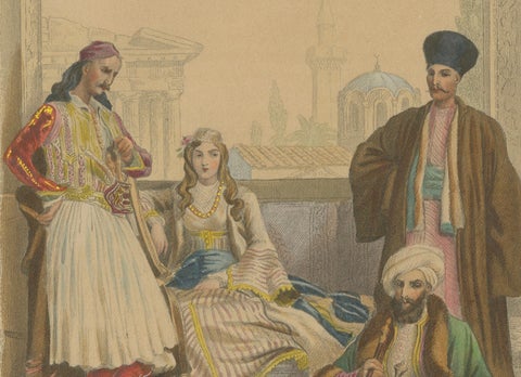 Antique Hand-Colored Costume Print of Greece, Turkey and Armenia c1860, close-up 4