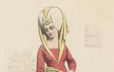 Antique French Costume Print of Medieval Chambermaid, Hand-Colored, 19th Century, close-up 3