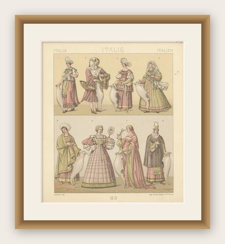 Pl. 169 Antique Print of Italian Women's Costumes by Racinet, 'circa 1880', shown framed
