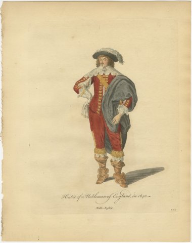 English Nobleman in 1640, Cavalier Dress with Plumed Hat, Jefferys Print, 1757, view 2