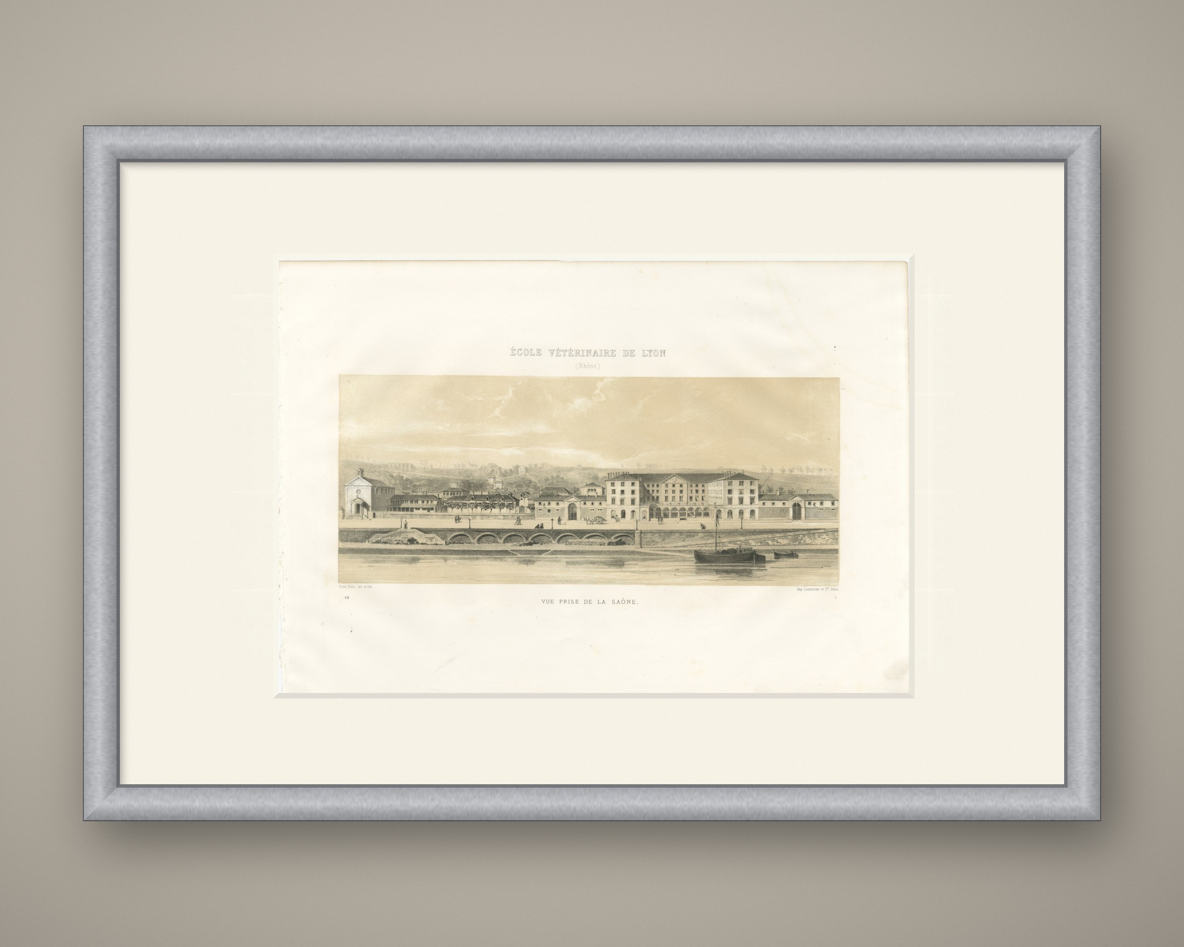 Lyon Veterinary School from the Saone, Antique French Print, 1873, shown framed