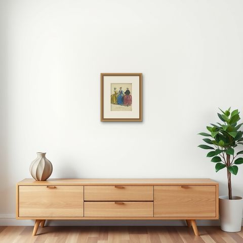 Antique Hand-Colored Engraving of three Ladies from England, 1805, shown framed on a wall