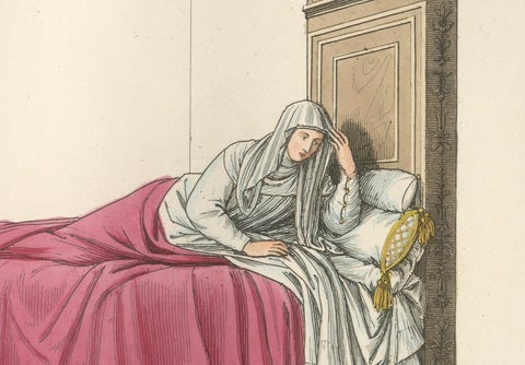 Italian Noblewoman Reclining in Bed, Renaissance Interior Scene, Published 1845, close-up 3