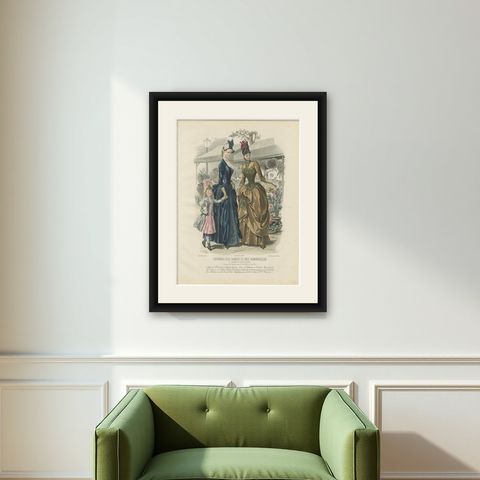 Antique French Fashion Plate, Elegant Ladies in Garden Scene, c.1880, shown framed on a wall