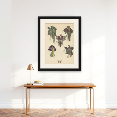 Victorian Splendor: Elegant Shawls and Mantles in Lithograph, Published in 1889, shown framed on a wall