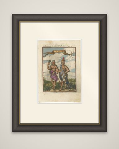 Virginia Indians, Man & Woman in Traditional Dress, Handcolored Engraving, 1683, shown framed