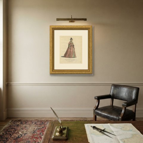Habit of a Swedish Lady of Quality in 1577, Jefferys Costume Plate, 1757, shown framed on a wall