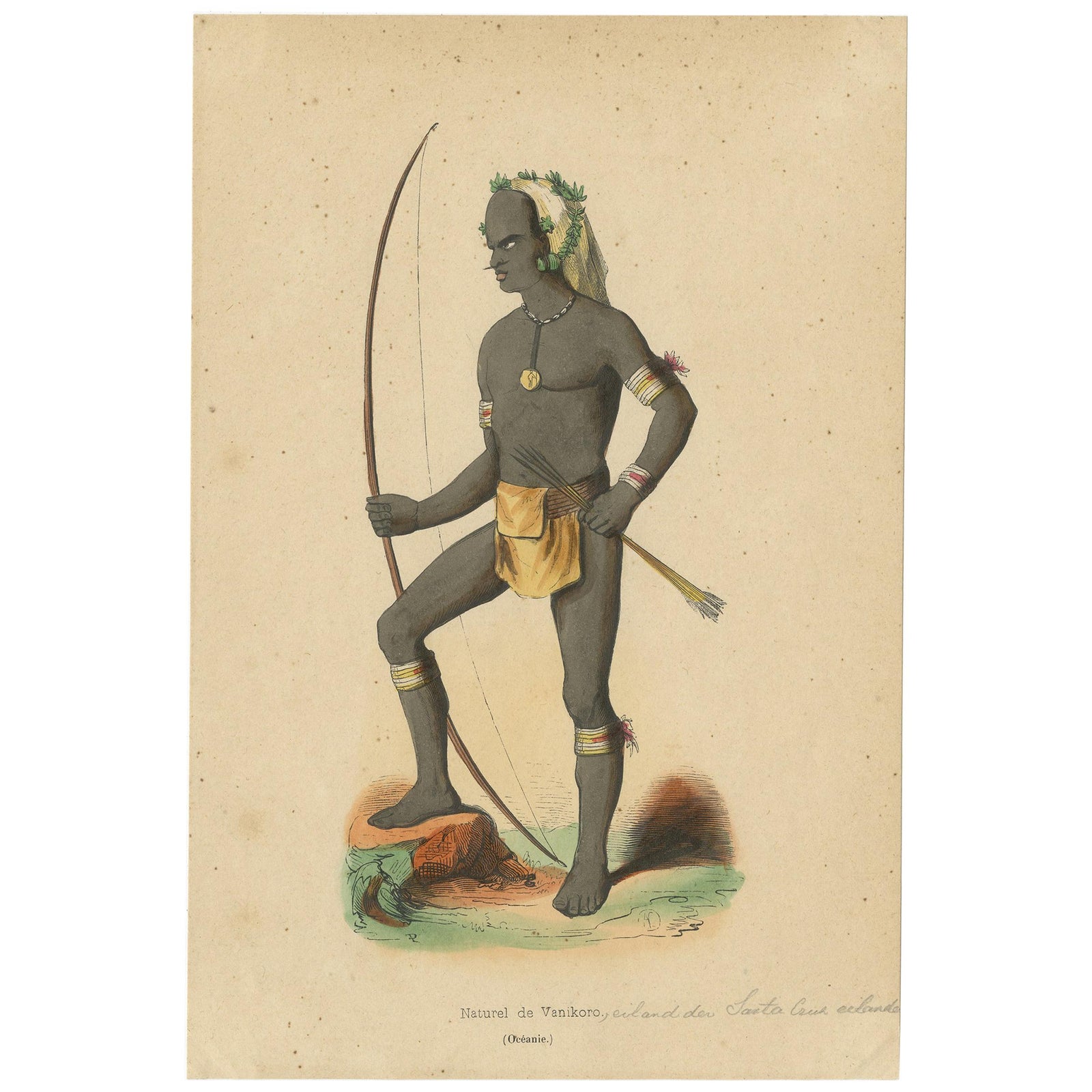 Antique Costume Print of a Warrior of Vanikoro Island by Wahlen, 1843