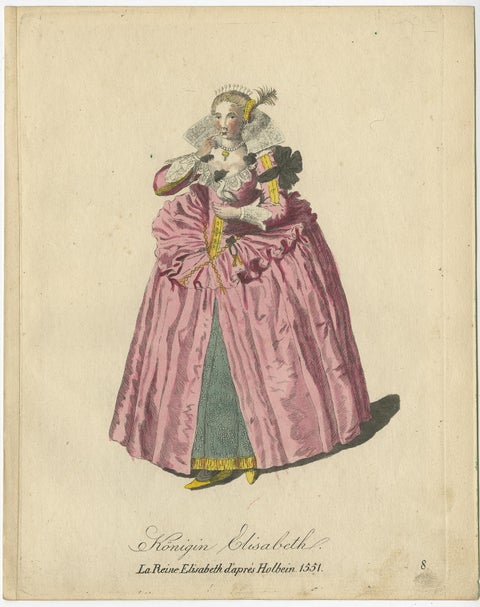 An Original Hand-Colored Antique Print of Queen Elizabeth in a 1651 Dress, 1805, view 2