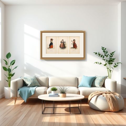 Set of Three Antique Italian Women Folk Costume Engravings, circa 1850, shown framed in a room