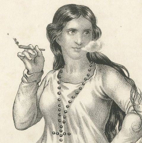 19th Century Guam Costume Lithograph, Angela, Smoking Woman from Gubam Island, close-up 4