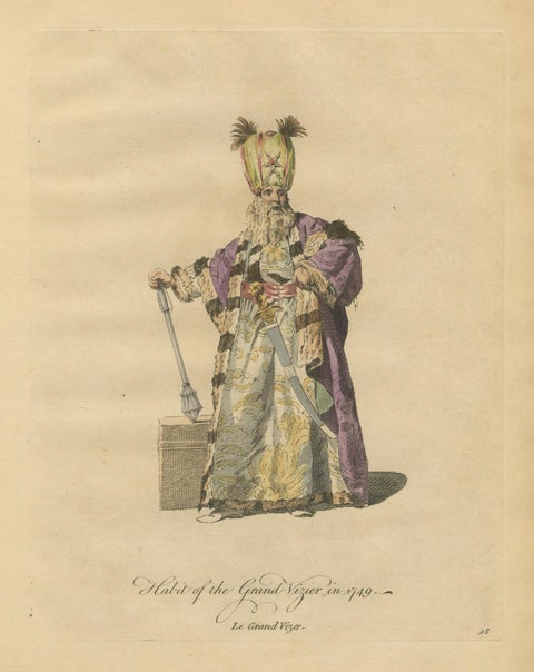 Ottoman Grand Vizier Costume Print, Hand-Colored Engraving, 1749, close-up 1