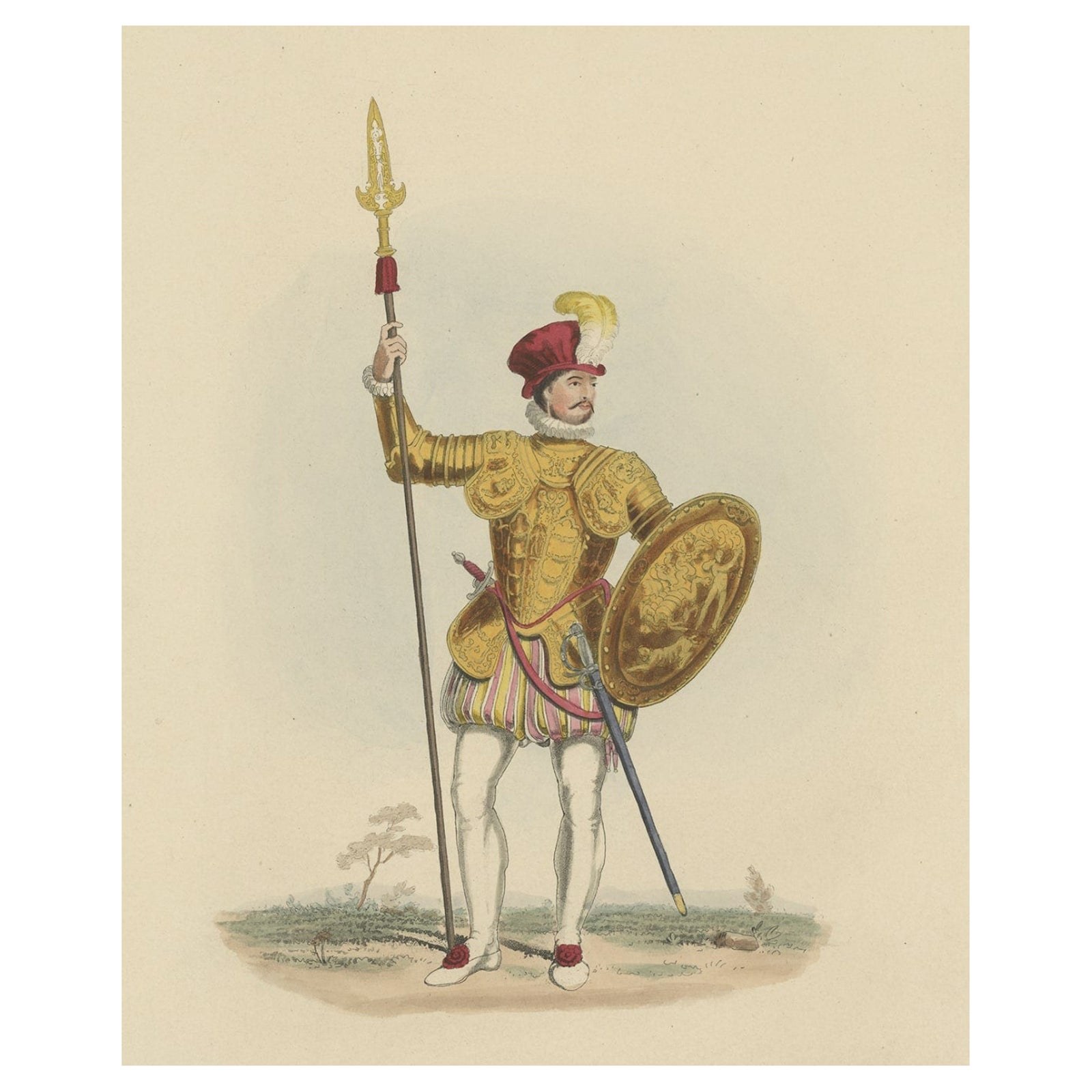 Nicely Hand-colored Antique Print of Embossed Armor, 1842