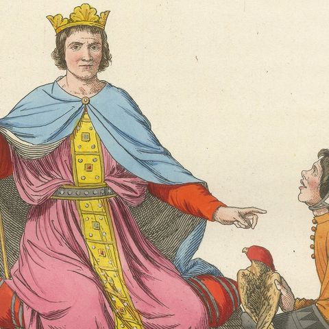Antique 1845 Print, King and Angel in 15th Century Courtly Costume, close-up 6
