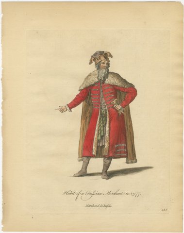 Habit of a Russian Merchant in 1577, Hand Colored Jefferys Costume Plate, 1757, view 2