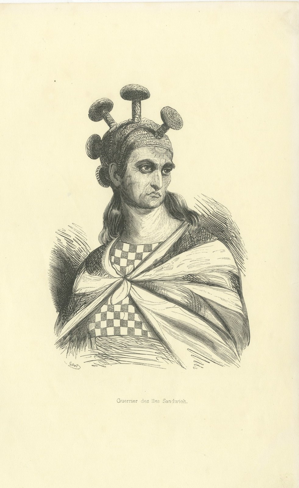 Warrior of the Sandwich Islands, Antique Wahlen Costume Print, 1843-1844