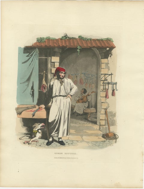 Costume Print: Roman Butcher at Work, 1820s Hand-Colored Engraving, view 2