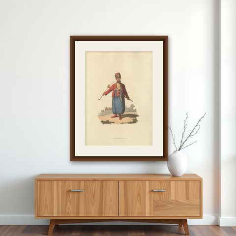 Antique Print of an Spahi, from The Military Costume of Turkey 1818, shown framed on a wall