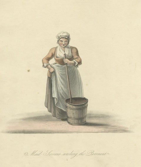 Old Hand-Colored Print of a Maid Servant in Holland, Washing the Pavement, 1817, close-up 1