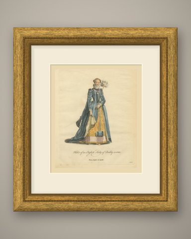 English Lady of Quality in 1588 with Feather Fan, Jefferys Costume Print, 1757, shown framed