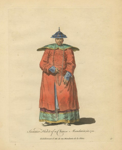 Chinese Mandarin Official in Light Summer Robes, Antique Costume Print, 1749, close-up 1