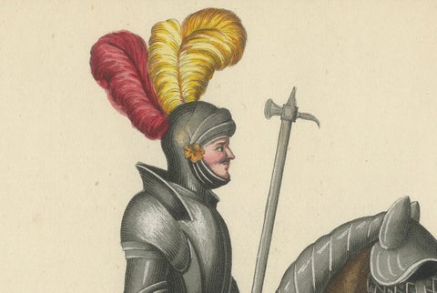Hand-Coloured Lithograph of Armoured Knight and Horse in Tournament Dress, 1842, close-up 3