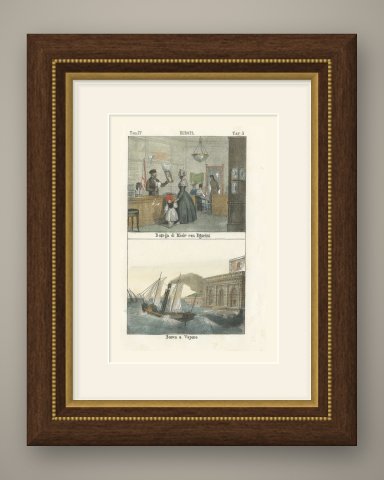 Fashion Shop with Fashion Plates and a Paddle Steamer, Hand Colored Print, 1842, shown framed