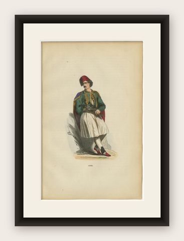 Greek Gentleman in Traditional Costume - Antique Hand-Colored Lithograph, 1852, shown framed