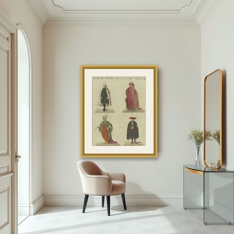 18th-Century Aristocratic and Ceremonial Attire: Handcolored Engraving of 1805, shown framed in a room