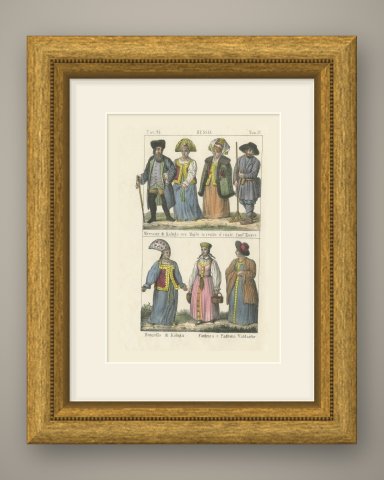 Kaluga Merchant and Wife, a Russian Peasant and Women of Valdai, 1842, shown framed