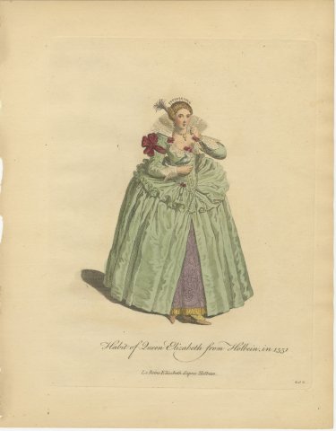 Habit of Queen Elizabeth from Holbein in 1551, Jefferys Costume Plate, 1757, view 2