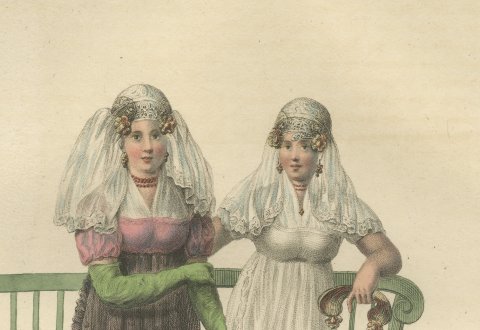 A Frisian and a Groningen Girl, Dutch Regional Dress, Maaskamp, circa 1820, close-up 1