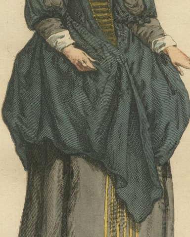 Merchant's Wife of Paris in 1640, Hand Colored Jefferys Costume Plate, 1757, close-up 2