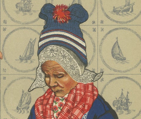 Volendam Women and Child in Traditional Work and Everyday Dress, Lithograph 1932, close-up 4