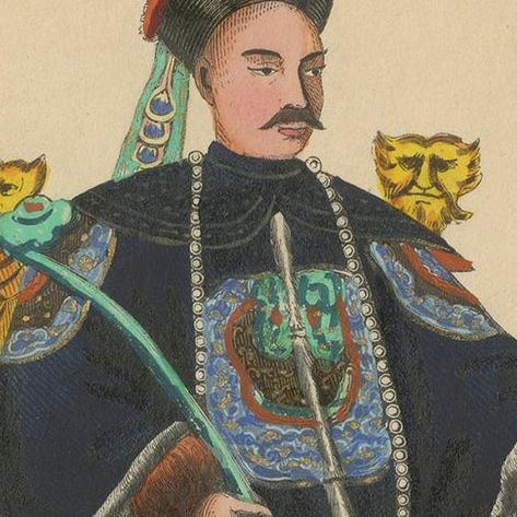 Antique Costume Print of a Chinese Emperor by Wahlen, 1843, close-up 1