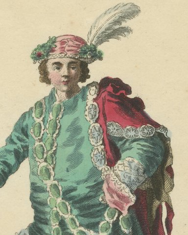 Dorilas in the Tragedy of Merope, Georgian Stage Costume, Jefferys Print, 1757, close-up 1