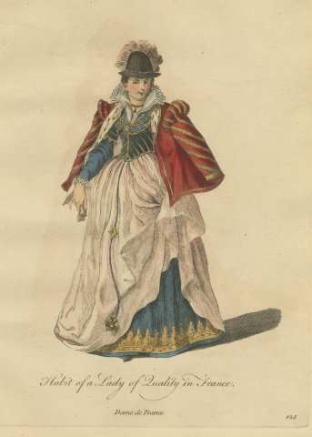 Lady of Quality in France with a Red Striped Cape, Jefferys Costume Plate, 1757