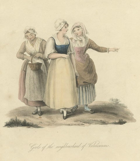 Antique Print of Girls of the Neighborhood of Valenciennes in Spain, 1817, close-up 1