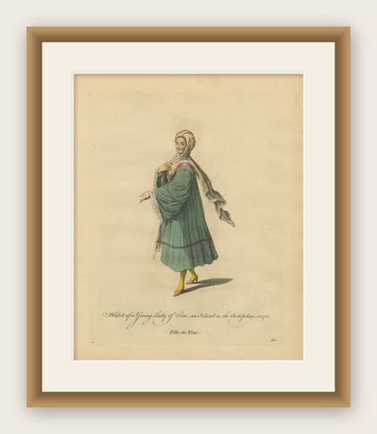 Antique Costume Print of a Young Lady of Tine, Greek Islands Engraving, 1749, shown framed