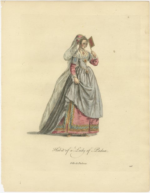 Italian Renaissance Costume Engravings of Padua & Siena, Hand-Colored, 1749, view 2