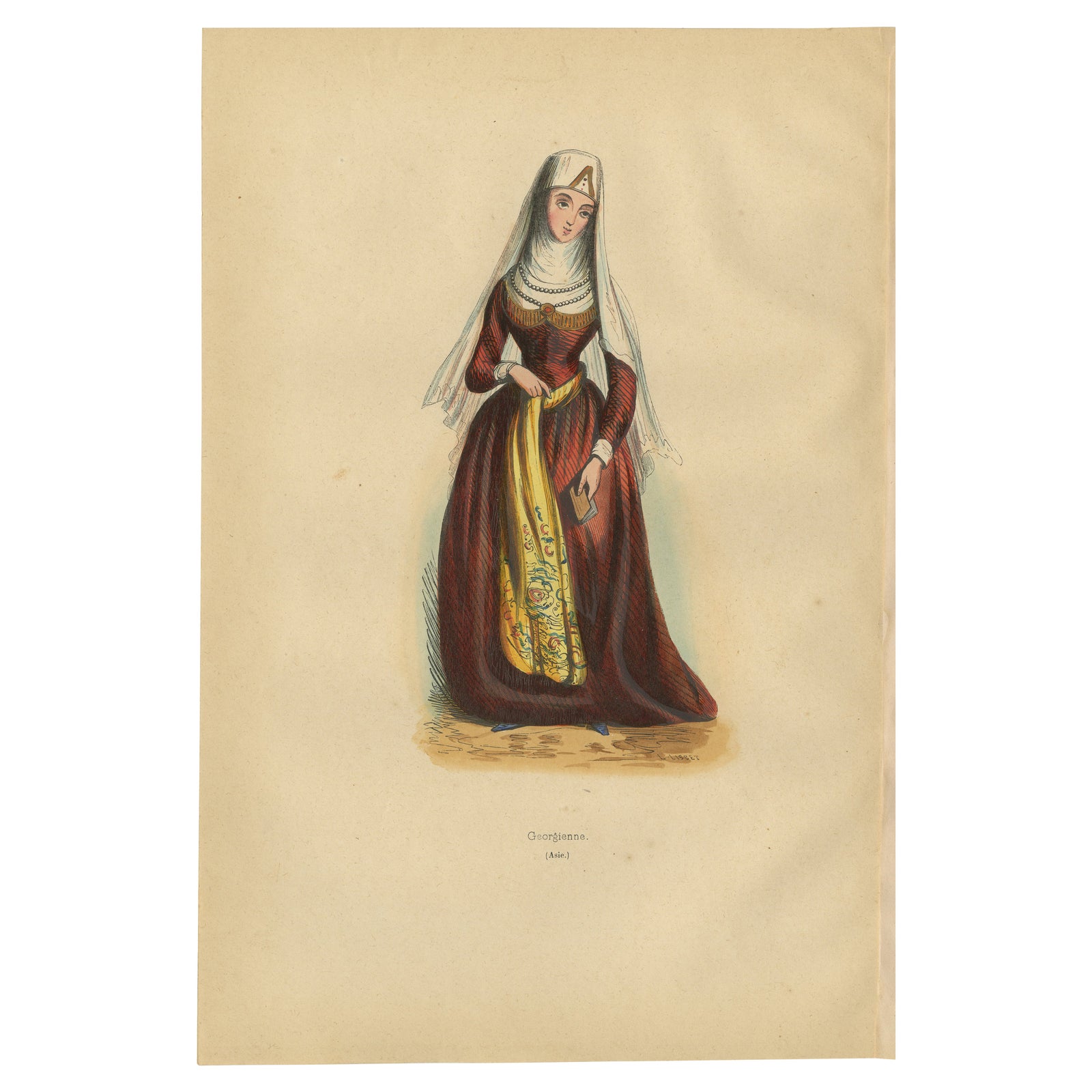 Exquisite 1844 Lithograph of Traditional Georgian Woman in Full Attire