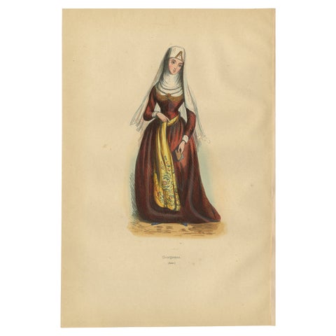 Exquisite 1844 Lithograph of Traditional Georgian Woman in Full Attire