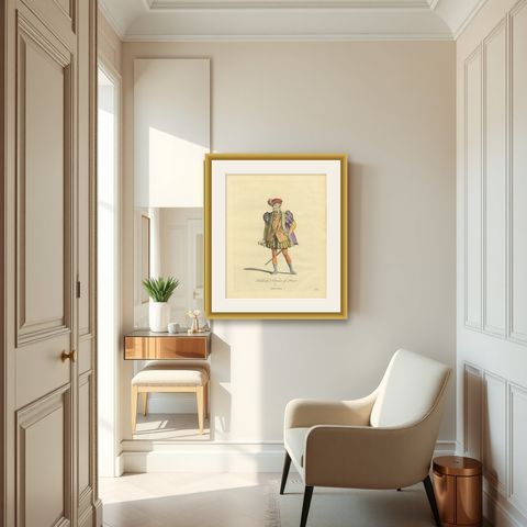 Roman Nobleman Costume Engraving, Renaissance Court Dress, Hand-Colored, 1749, shown framed in a room