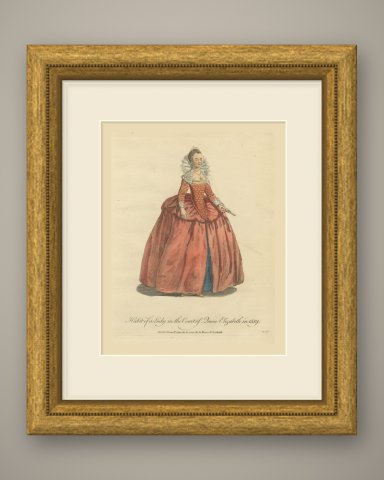Lady in the Court of Queen Elizabeth in 1559, Jefferys Costume Plate, 1757, shown framed