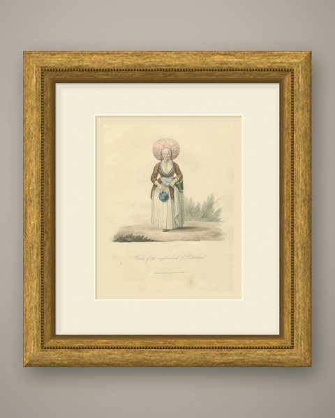 Woman near Rotterdam, Dutch Regional Dress, Antique Ackermann Print, 1817, shown framed