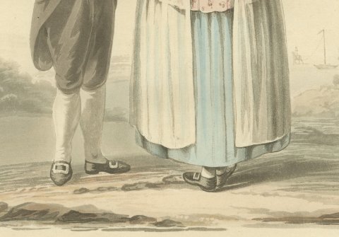Man and Woman of North Holland, Antique Ackermann Costume Print, 1817, close-up 3