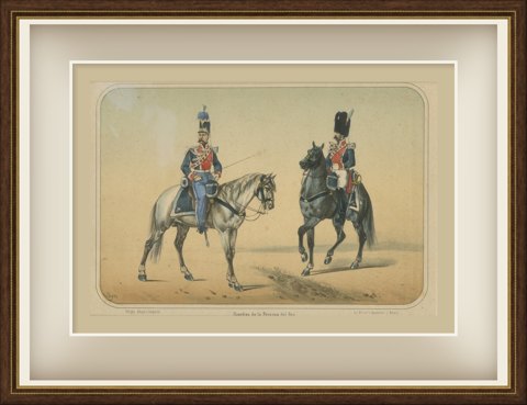 Guardias de la Persona del Rey, Spanish Royal Guard Cavalry, Lithograph, 1861, shown framed