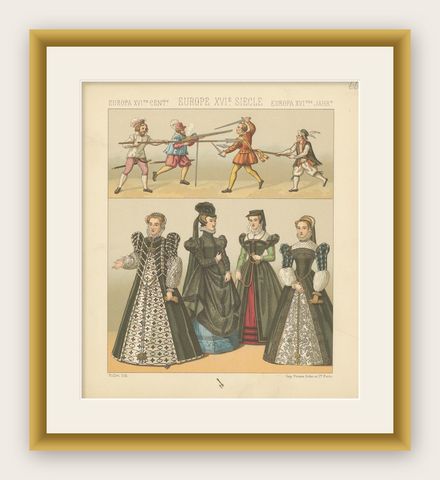 Pl. 66 Antique Print of European XVIth Century Costumes by Racinet 'circa 1880', shown framed