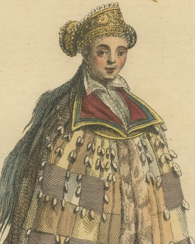 Lady of Silesia in Patchwork Fur Cloak and Gold Headdress, Costume of 1577, 1757, close-up 1